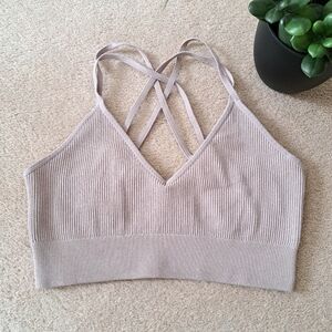 Aerie Bralette Seamless Strappy Bra Women's Large Beige Ribbed Bralette